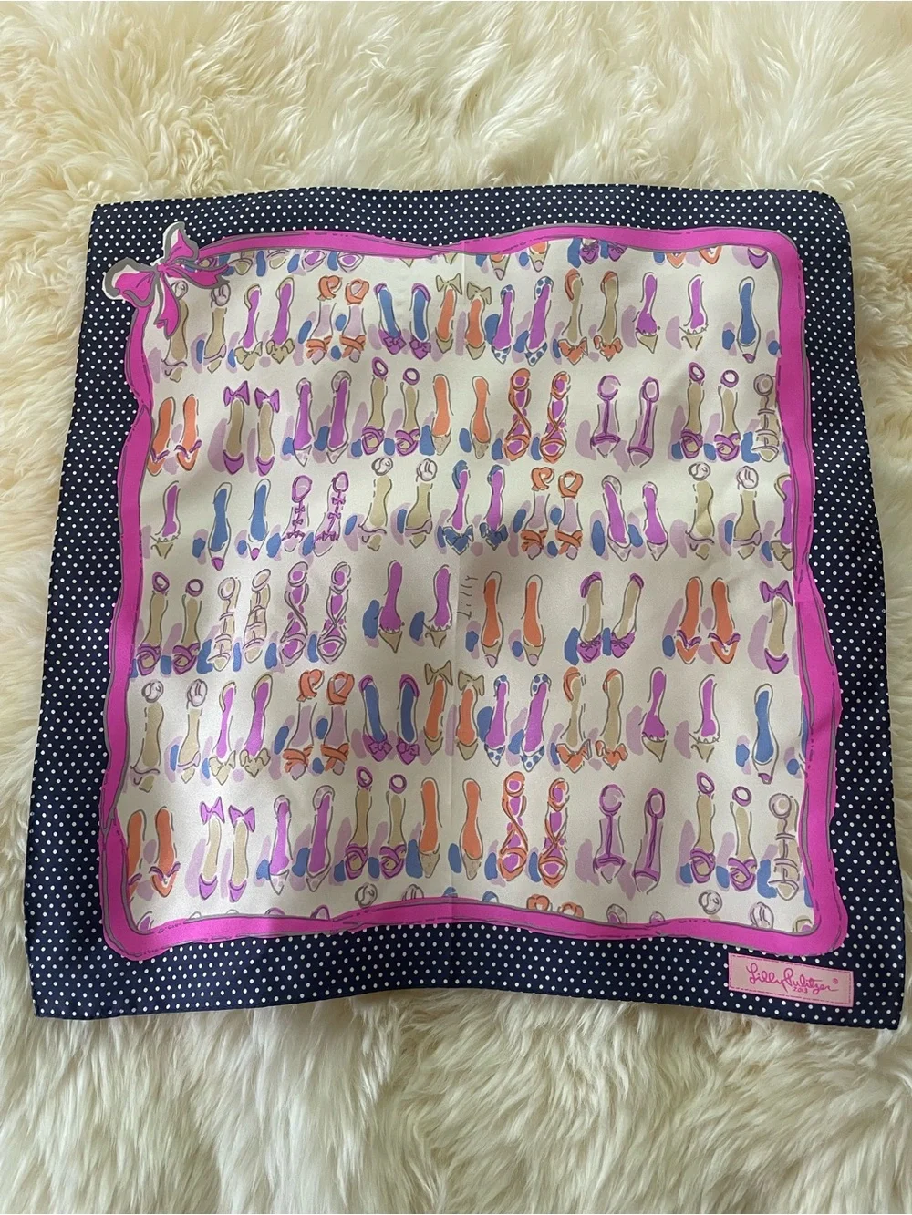 Lilly Pulitzer Vintage Shoe Print Square Silk Scarf Pink Navy Polka Dots EUC 18”